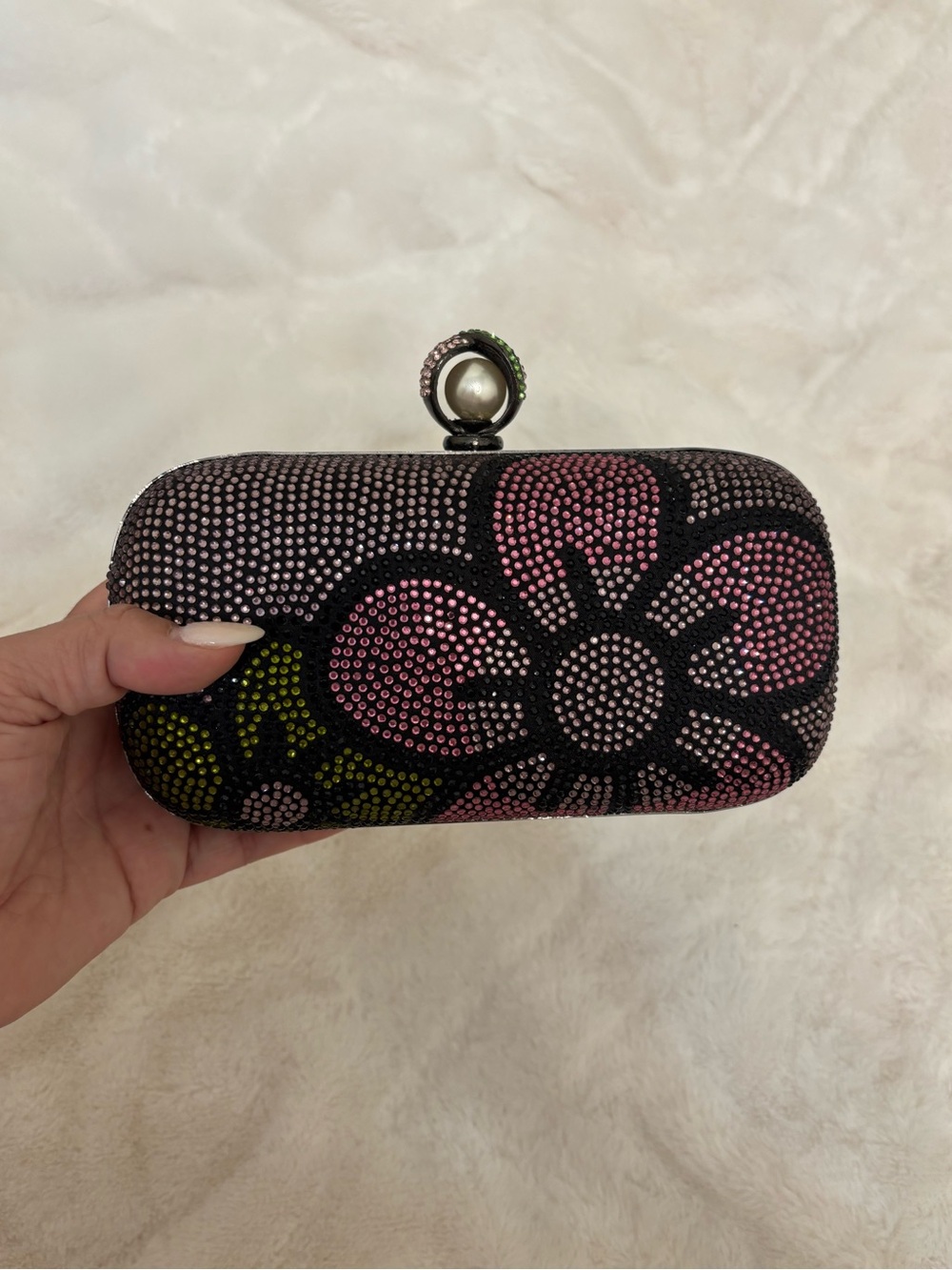 Floral Crystal Embellished Evening Clutch - Pink & Black